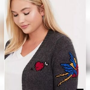 Torrid Dark Grey Intarsia Tattoo Art Open Front Cardigan | Medium